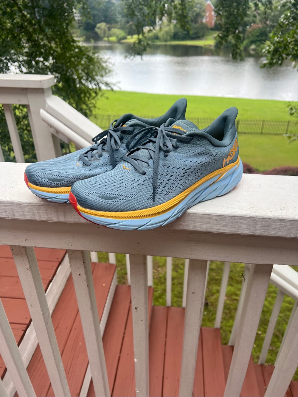 Hoka Men's Clifton 8 Running Shoes in Steel Blue with Yellow and Red size 10.5D